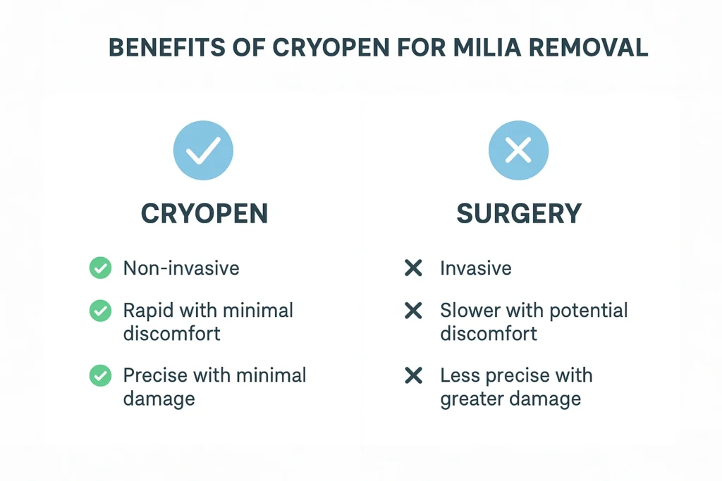 Benefits of cryopen for milia removal Wanstead compared to surgical treatments.