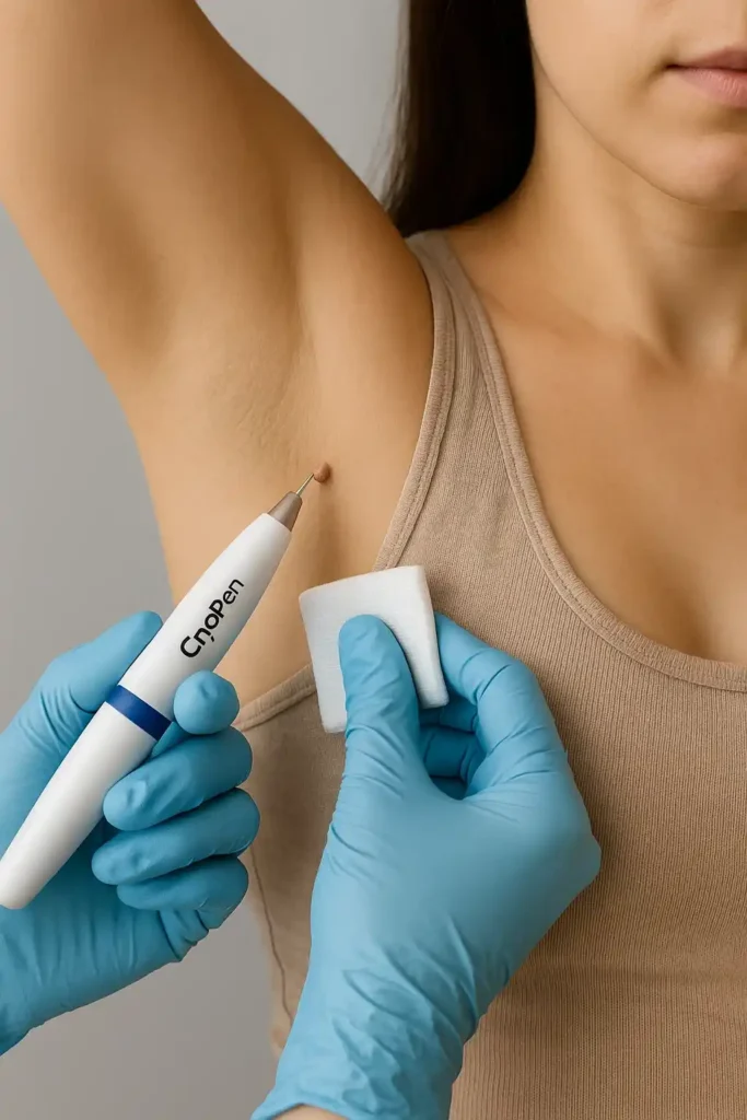 woman having cryopen to remove underarm skin tags Wanstead
