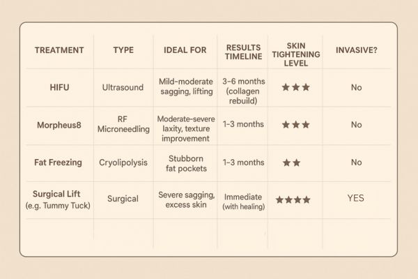 Table showing the comparisons of Skin tightening Wanstead treatment options.